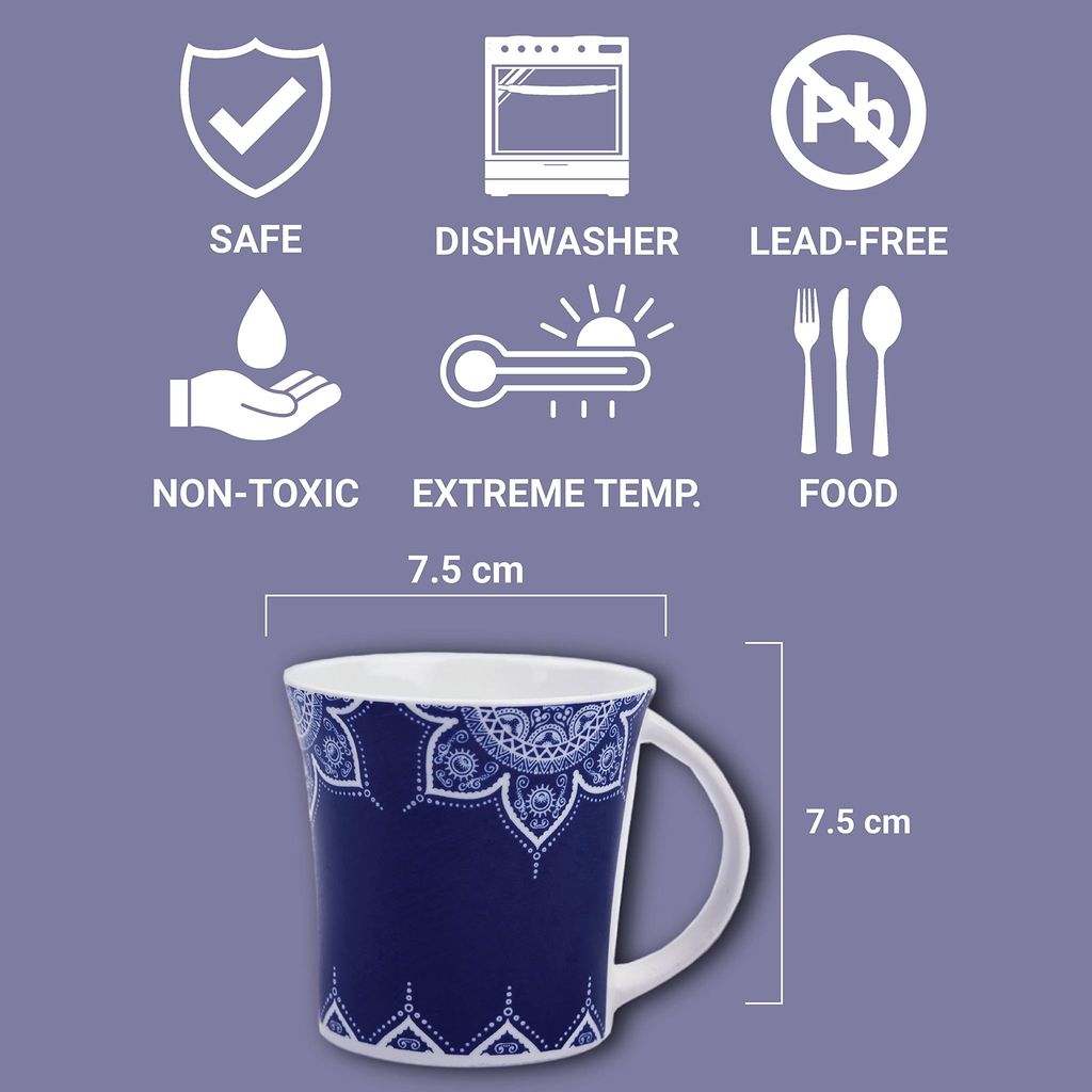 Femora Cosmic Mehendi Tea Cups, Ceramic Tea Cups, Coffee Mugs (160 ml) - 6 Pcs Set (Blue)