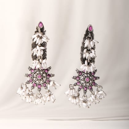 White Beaded Chakri Earrings-Ruby