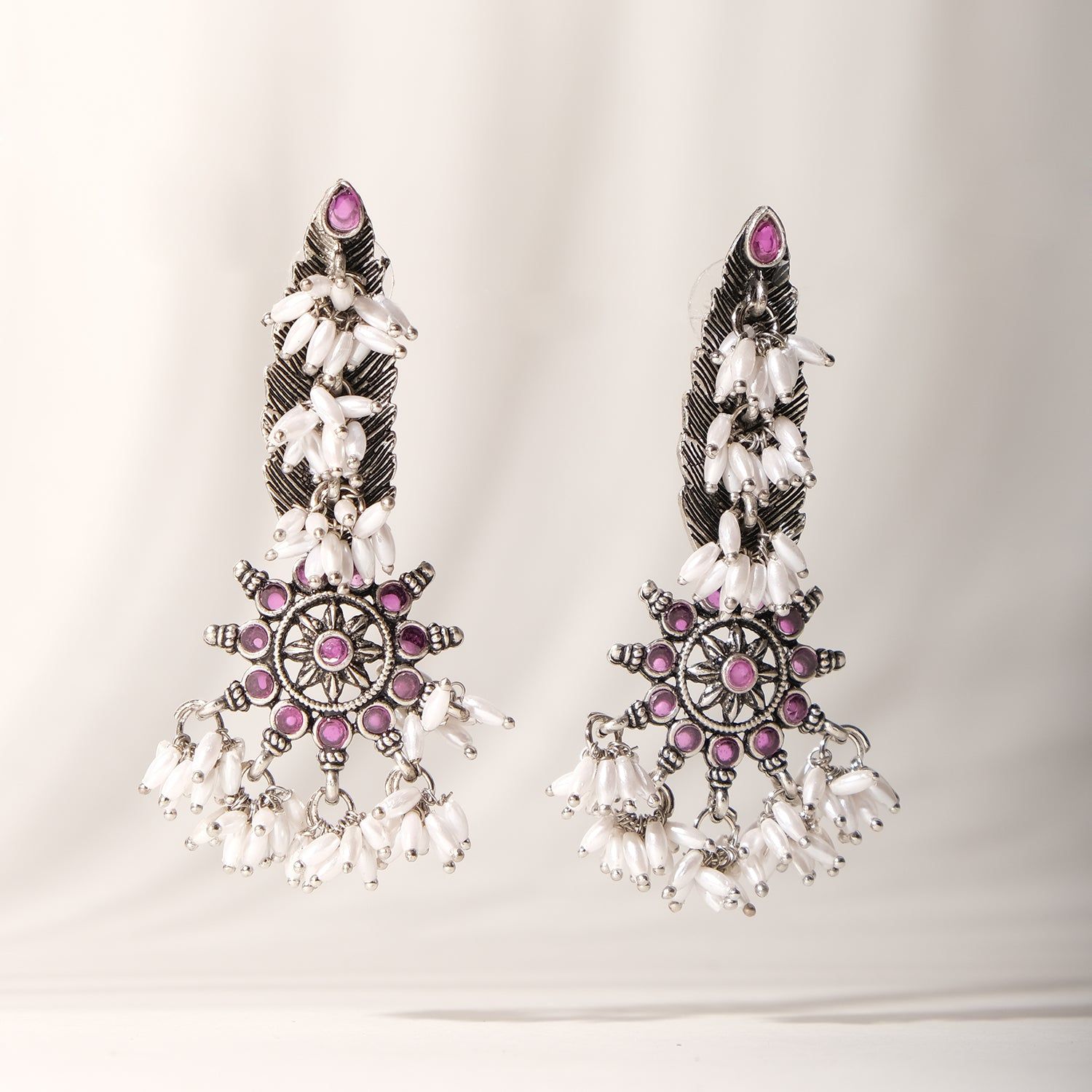 White Beaded Chakri Earrings-Ruby