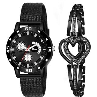 Bolun Av Black Av Cash Black Pu With Heart Bracelet Analog Women and Girls WatchCvvm385