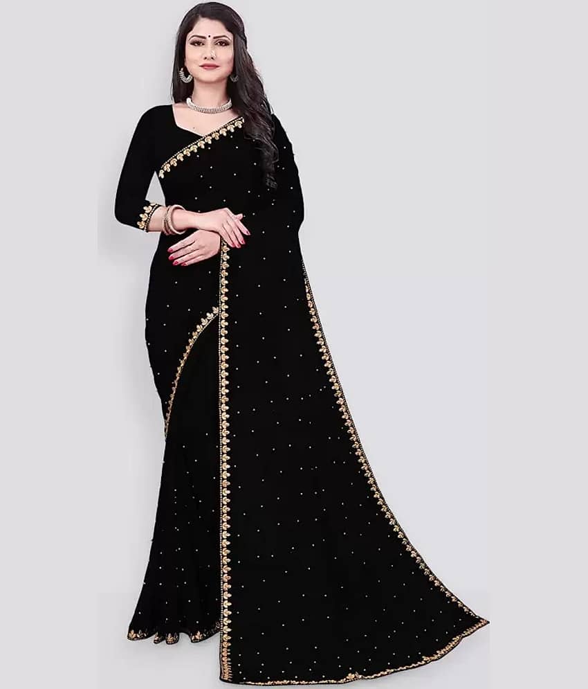 Samai Lycra Embellished Chanderi saree With Unstitched Blouse Piece ( Black )