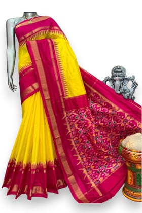 Pure Pochampally Ikkat Silk Yellow With Pink Sari