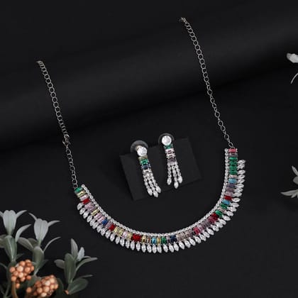 Multi Color Stone Necklace Set (STN231MLT)-Default Title / Multi / Alloy With Good Quality Silver Plated
