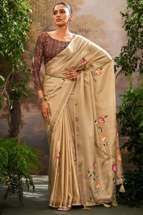 Tacao Beige Brush Printed Linen Tissue Silk Saree