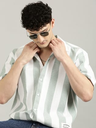 White&Green Striped Short Sleeved Oversized Shirt-38