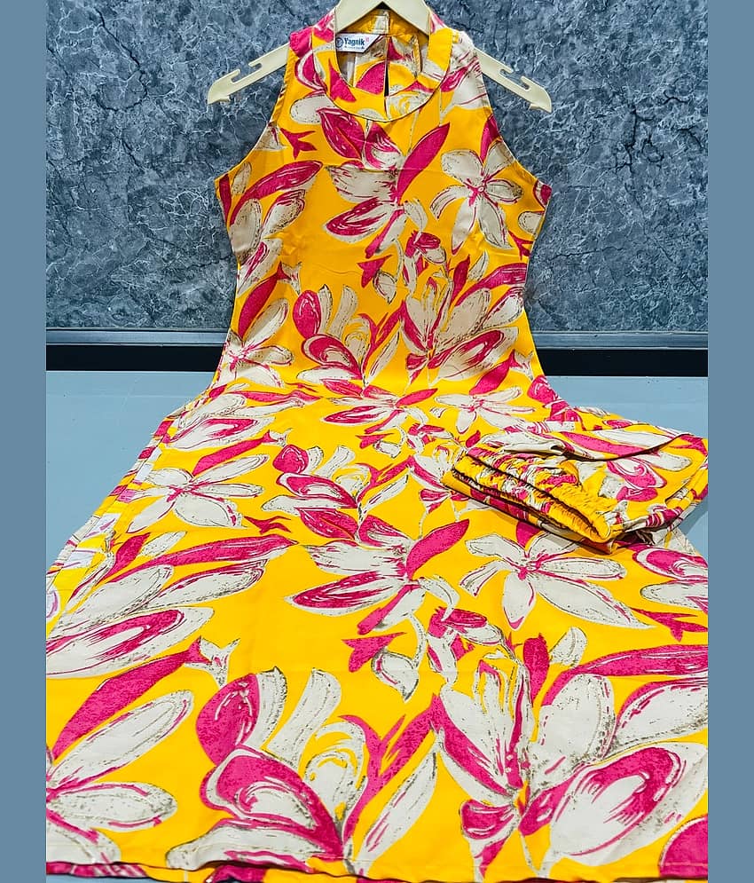 YAGNIK FASHION Women Rayon Self Design A-line Kurti With Pants ( Yellow )