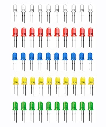 EHOP 5mm LED Diodes, Round Head DIY Electronic Component, Low Voltage Diffused Diode for DIY PCB Circuit, Indicator Lights, Science Project Experiment (Pack of 50, 5 Different Color - Multicolor)
