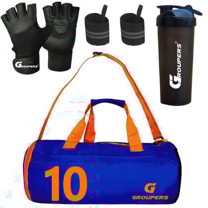 GROUPERS Combo Set of Duffle Polyester Bag with Shaker Bottle-700ml, Gloves & Wrist Band (Blue 10) GROUPERS Combo Set of Duffle Polyester Bag with Shaker Bottle-700ml, Gloves & Wrist Band (Blue 10)