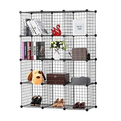 Metallic Wire Storage Organiser - Book Shelf, Kitchen Organiser - Iron Mesh Powder Coated - 12 Cubes - Black