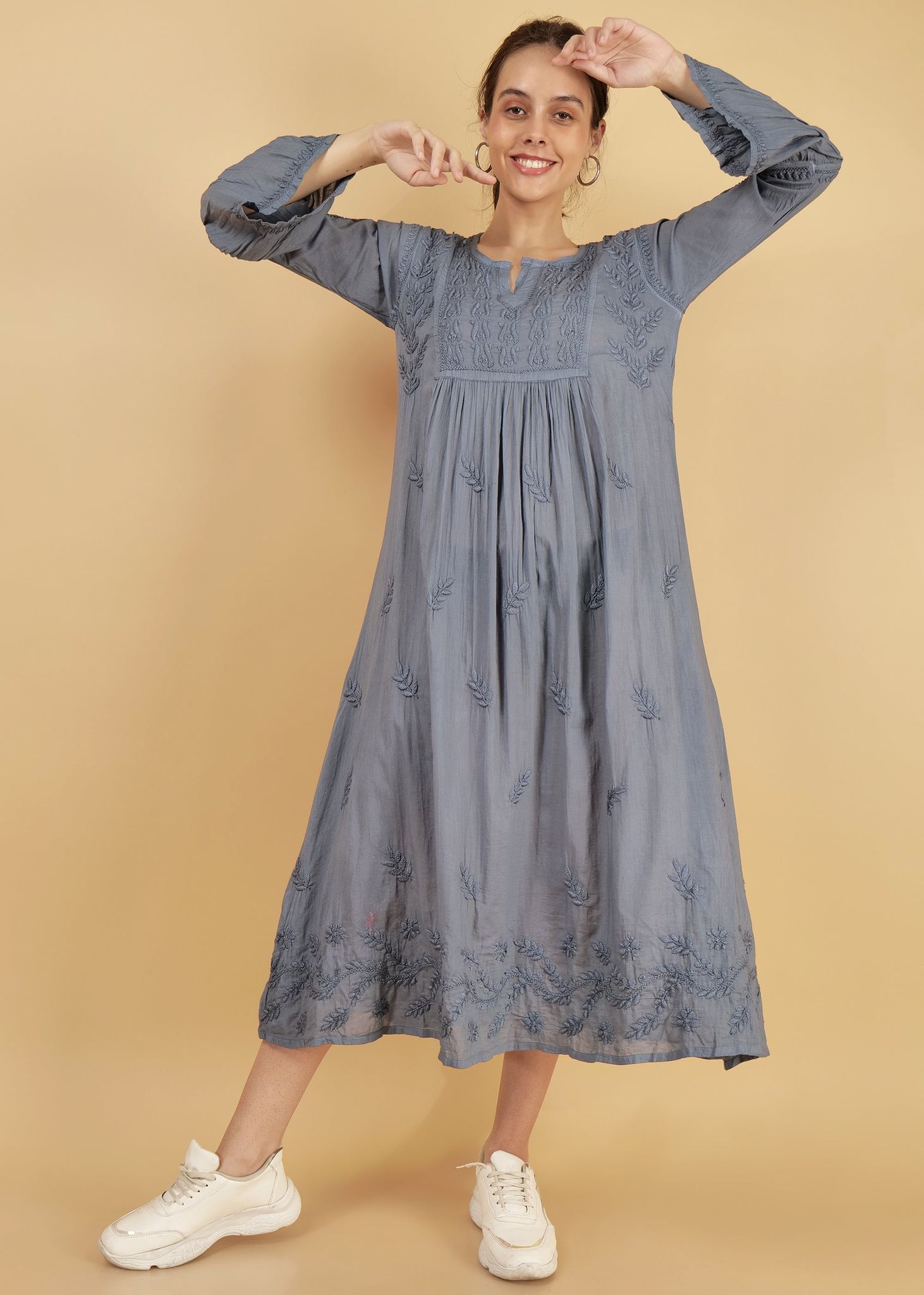 Mulmul Hand Embroidered Knee length Chikankari Dress Grey