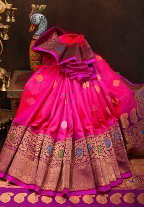 Bright Pink Gadwal Silk Saree with Purple Meenakari Border | SILK MARK CERTIFIED