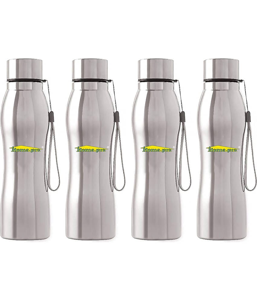 HomePro Single Wall Diamond Cut Water Bottle Silver Stainless Steel Water Bottle 1000 mL ( Set of 4 )