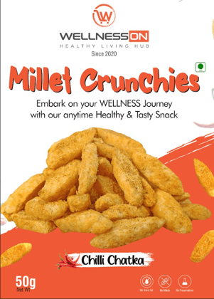 SABKA WELLNESS - Millet Crunchies Chilli Chatka , Healthy Baked Snack ,No Maida, No Preservatives, No Artificial Colors , Spicy Indian Style - 50 Gms (Pack of 8)