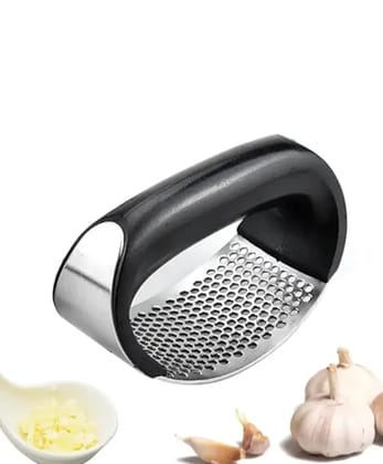 Stainless Steel Garlic Press with Curved Handle, Ergonomic Design, Kitchen Tool for Mincing Garlic