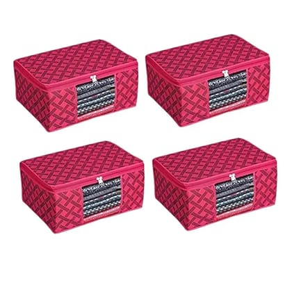 Bindian Multipurpose Saree Cover for Wardrobe Storage | Premium Non-Woven Fabric Cloth Organizer Box with Transparent Window & Zipper | Ideal for Storing Sarees & More (Red Lining, Pack of 4)