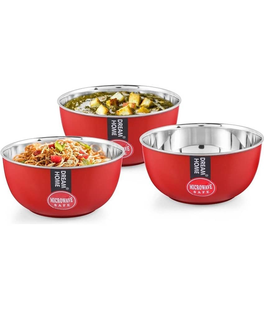 Dream Home Star Bowl Microwavesafe Stainless Steel Plain Serving Bowl 13 cm ( Set of 3 ) Red