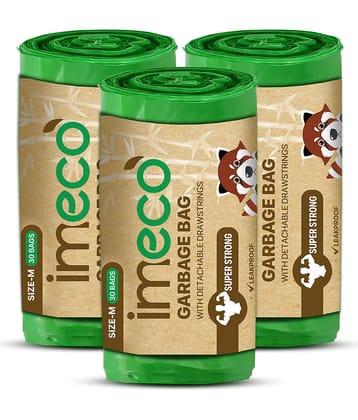 IMECO Eco-Friendly Garbage Bags | 90 Pcs | Medium - 19 x 21 Inches | 30 Pcs x 3 Rolls | Green | Dustbin/Trash Bags with Detachable Drawstrings | Perfect for Dry & Wet Waste