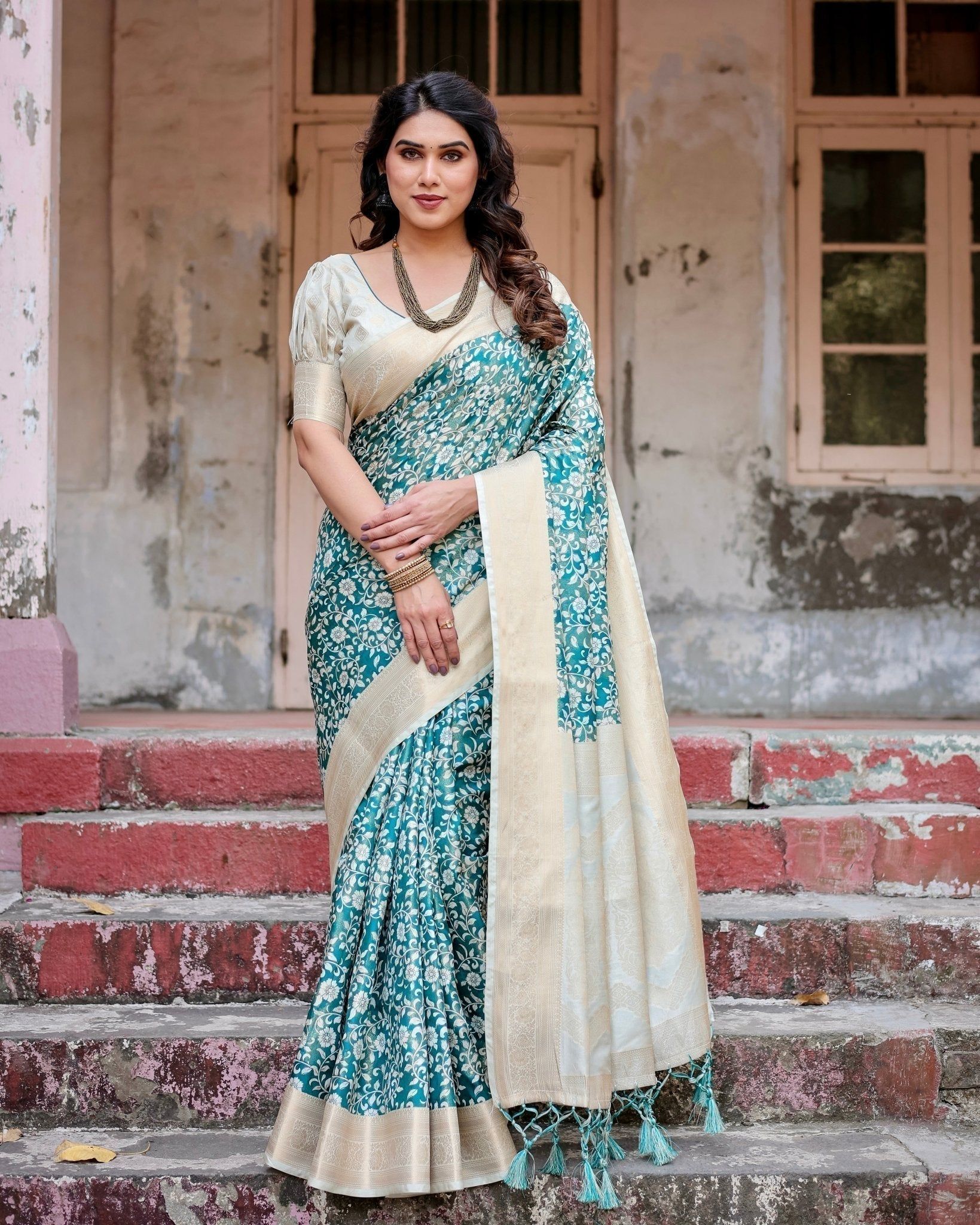 Teal and Cream Floral Banarasi Silk Saree with Zari Weave and Tassel-Accented Pallu-Regular