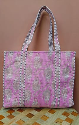 Handblock Printed Quilted Tote Bag without zip/button 17x18x 6 inches