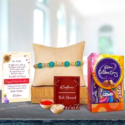 Designer Pearl Rakhi with Cadbury Celebrations Gift Pack of 5 Assorted Chocolates and Roli Chawal Pack, Best Wishes Greeting Card