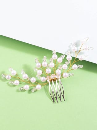 Women Gold-Toned Beaded Bridal Hair Styling Comb Pin