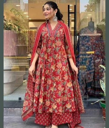 YAGNIK FASHION Women Rayon Printed Anarkali Kurti With Pants ( Red )