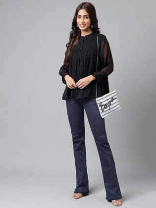 Black Dobby Chiffon Solid Empire Top