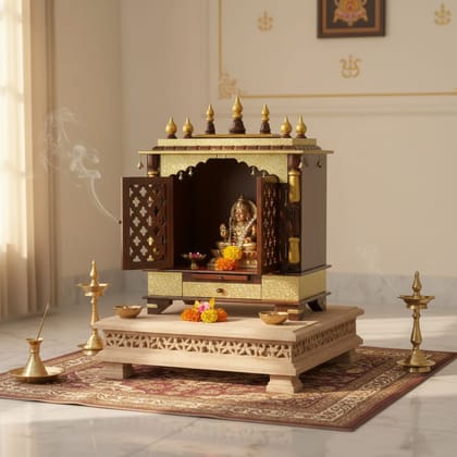 Handicraft House-Warming Wall-Temple, Brass-Embossed Wooden Temple, Pooja-Room Desk-Temple, Sound-Bells Home-Temple