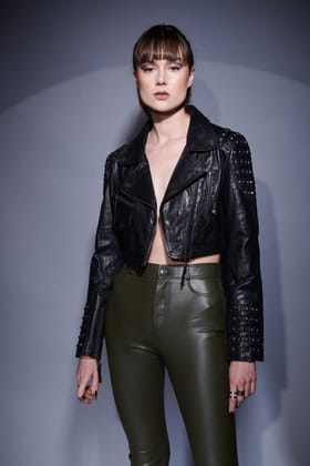 Stud Detailing Black Leather Short Ladies Biker Jacket Zip By Brune & Bareskin-M