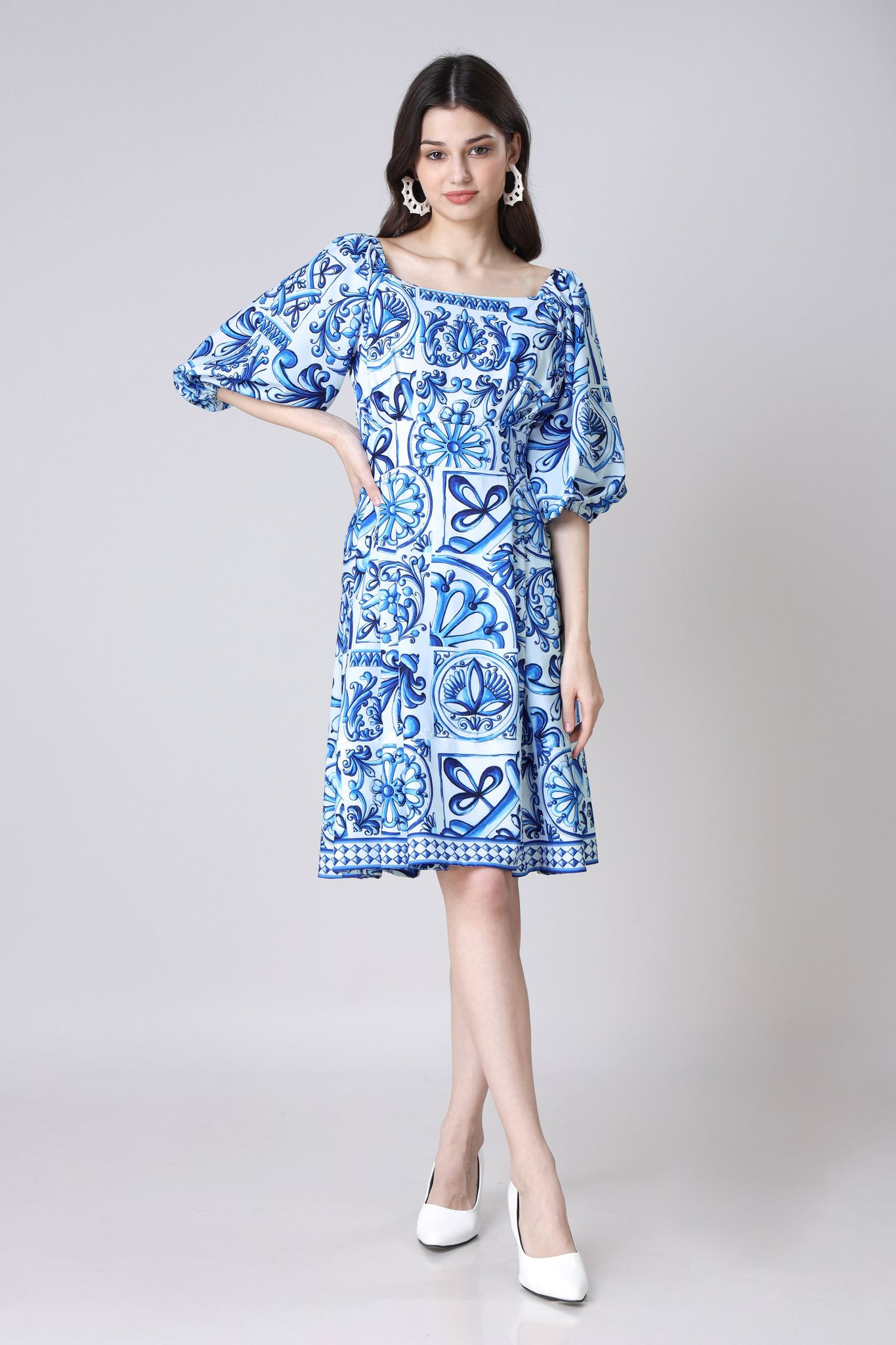 Fit And Flare Off-Shoulder Square Neck Dress-XXS / Royal Blue / DR0084-DPMC000045-2.5-PLCR0001-1 MTR-EL0005-1  MTR-THY01-NIL-ZPH008-NIL-NIL-NIL-NIL-NIL