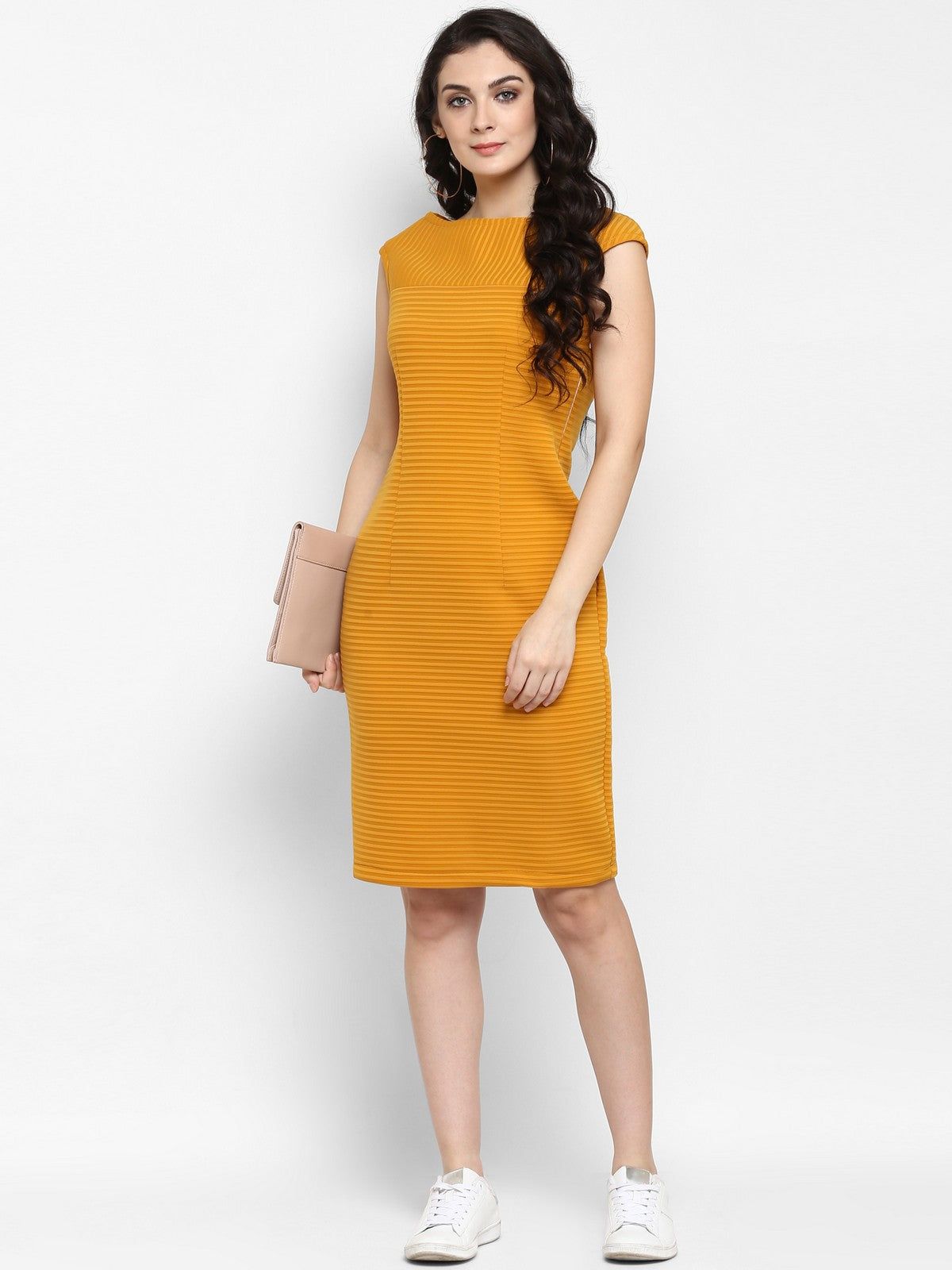 Solid Mustard Self Striped Dress With Cap Sleeves
