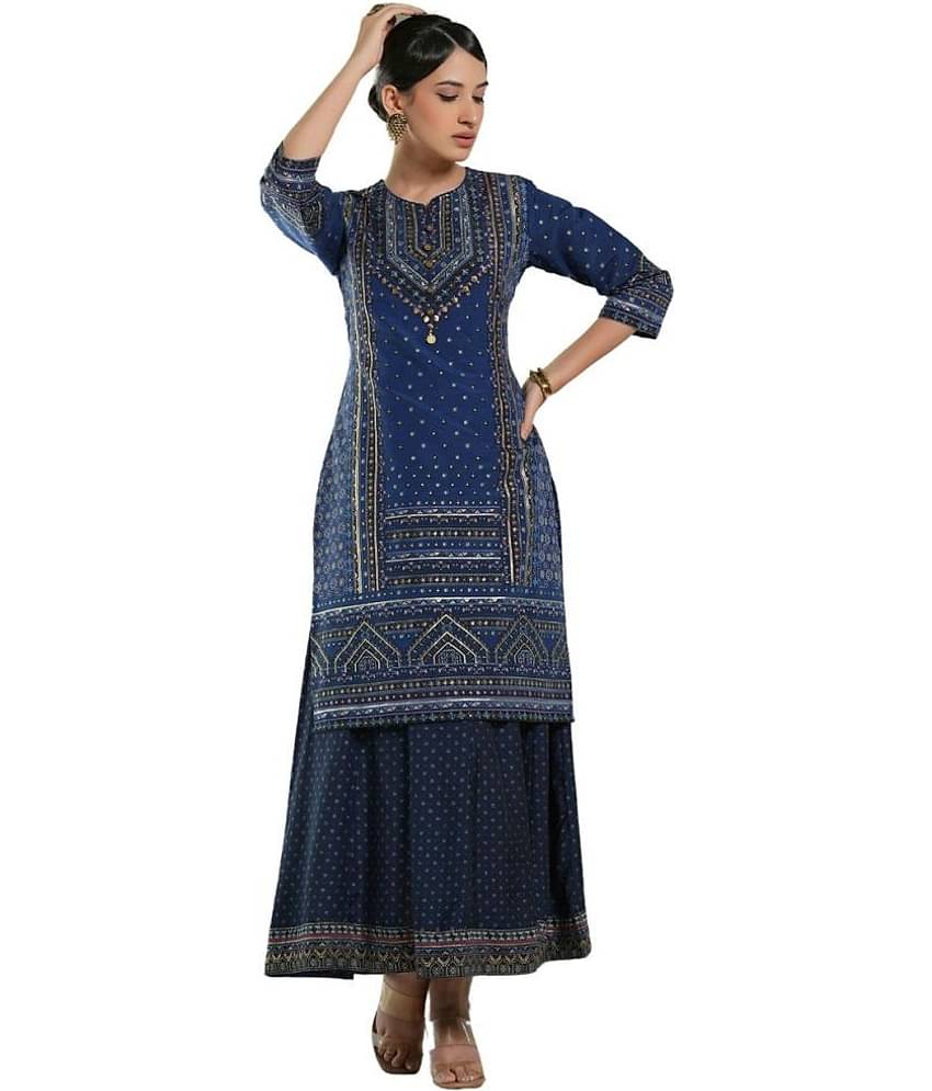 Juniper - Indigo Chanderi Women's Anarkali Kurti ( Pack of 1 )