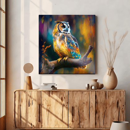 Owl Sitting On Branch Wood Print Wall Art-Pinewood Thickness: 6mm / 9 X 9 Inches