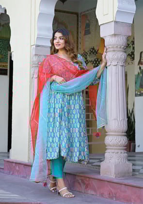 Turquoise blue Floral Muslin Printed Kurta Pand with Dupatta-XS