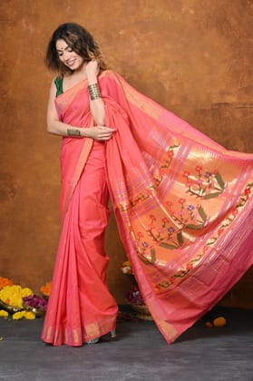EXCLUSIVE! Handloom Pure Cotton Paithani With Asawali Pallu~ Pink Peach