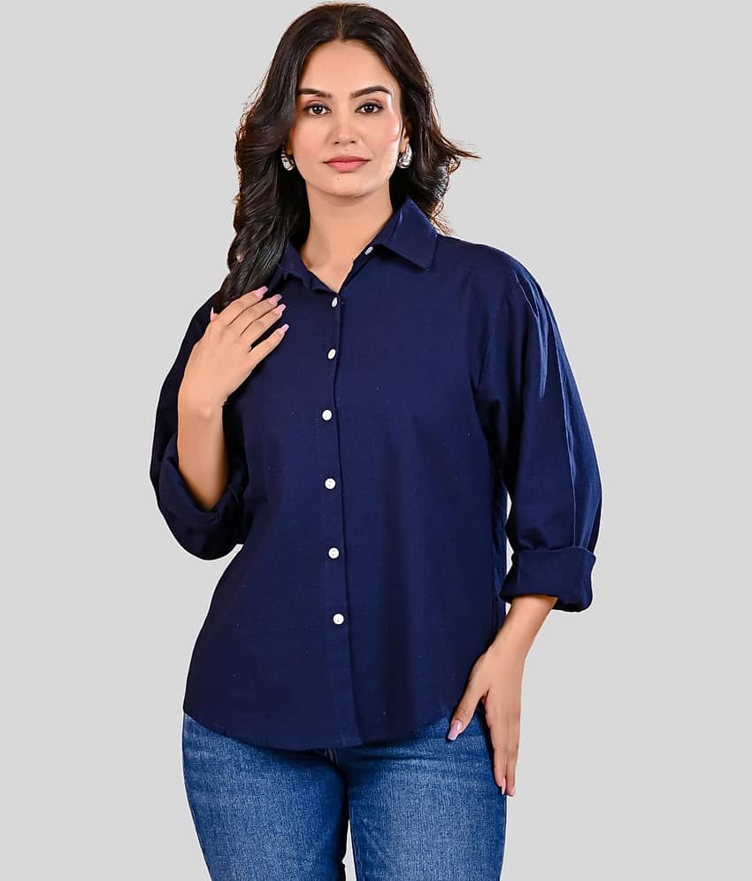 QuaClo Women Solid Cotton Blend Shirt ( Navy )