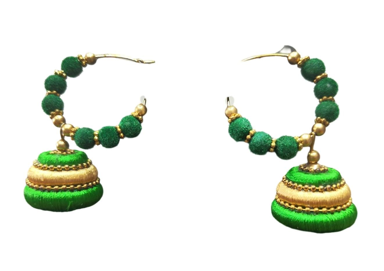 Green Silk Thread Jhumka Earrings with Golden Beads
