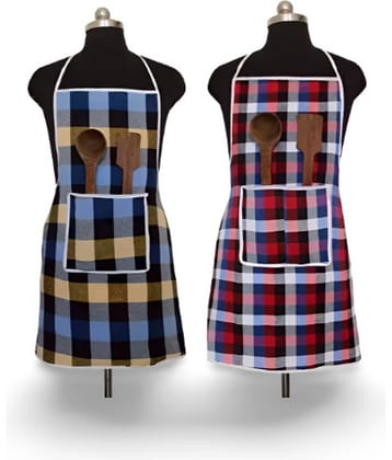 CreadCraft Cotton Checks Kitchen Apron with 1 Center Pocket ( Pack of 2 )
