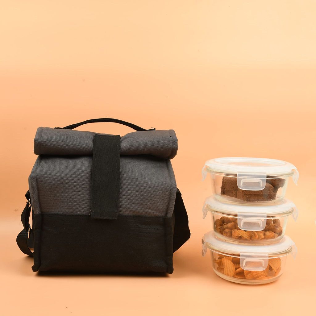 Femora Borosilicate Glass Round Container Grey Black Canvas Lunch Box-380ml, Set of 3