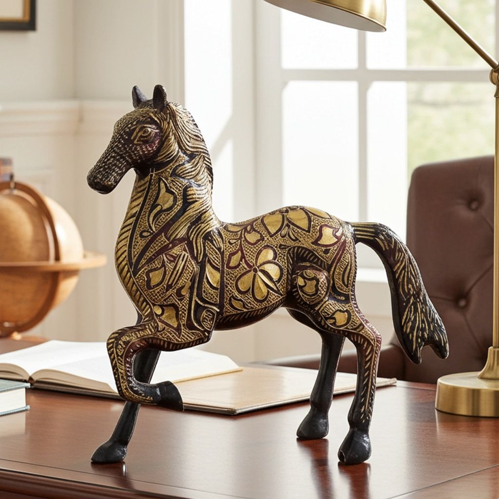 Handmade Brass Running Horse Idol For Office Desk & Interior Decor, Height : 8.5 Inch (ANMAS063 D)