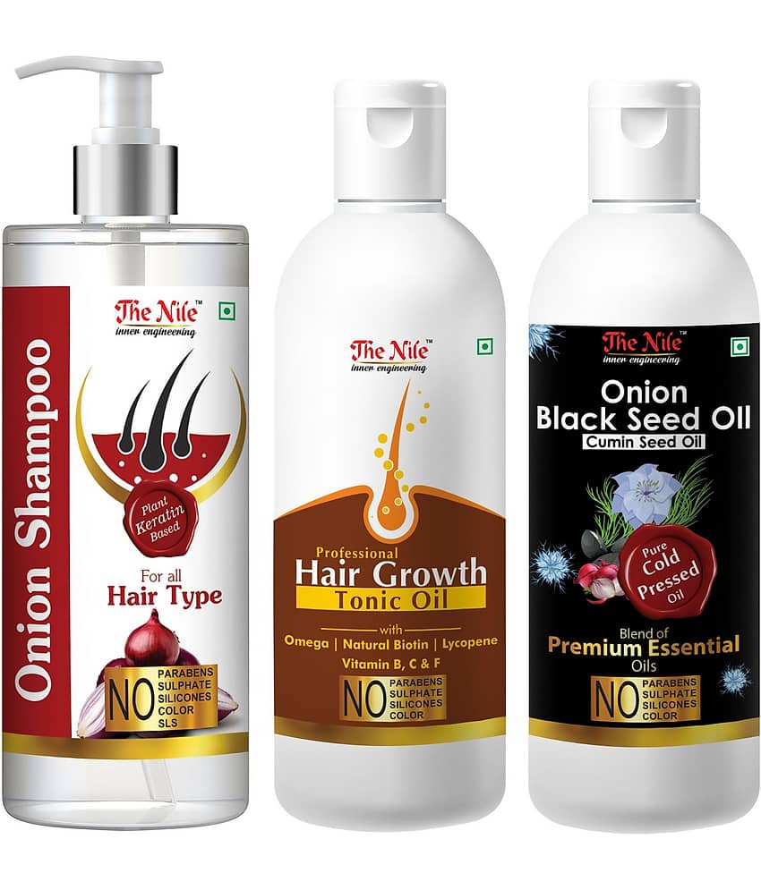 The Nile Red Onion Shampoo 200 ML + Hair Tonic 100 ML + Onion Black Seed 100 ML  Shampoo 400 mL Pack of 3