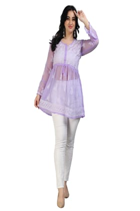 The Chikankari Story Women's Purple Georgette Short Kurti with Chikankari Hand Embroidery - Intricate Aari & Bakhhiya Work, Lightweight and Elegant.-XL