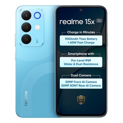 realme 15X 5G Smartphone 6+128GB Aqua Blue, 6.8-inch Screen, 144Hz Display,7000mAh Battery, 60W Fast Charging, 50+50MP AI Camera,Dimensity 6300 6nm Octa-core chipset Processor, IP69 realme 15X 5G Smartphone 6+128GB Aqua Blue, 6.8-inch Screen, 144Hz Displ