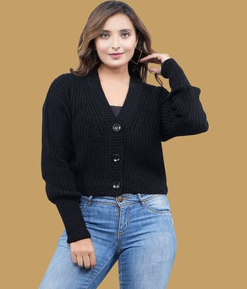 FEVERFEW Women Woollen V-Neck Cardigan ( Black )