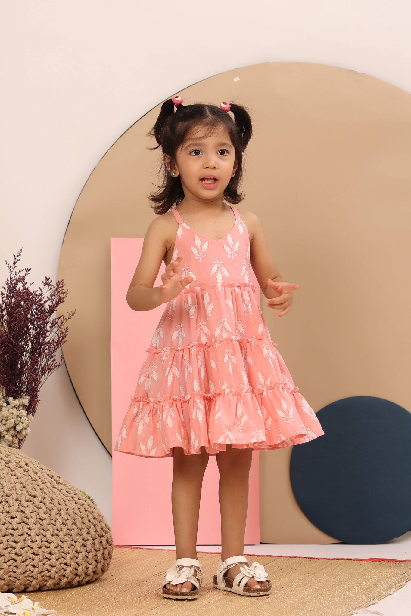 Pink Leafy Tiered Dress-0-6 months