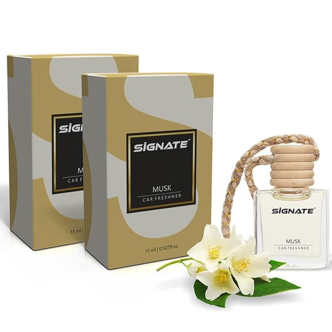 Signate Car Perfume with Natural Fragrance Essential Oils | Car Air Fresheners Long Lasting Upto 90 Days | Hanging Pod in Glass Bottle with Wooden Diffuser Lid 15ML (Musk) (Pack of 2)