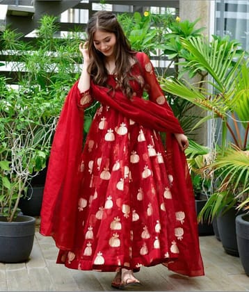 kedar fab Red Anarkali Georgette Women's Stitched Ethnic Gown ( Pack of 1 )