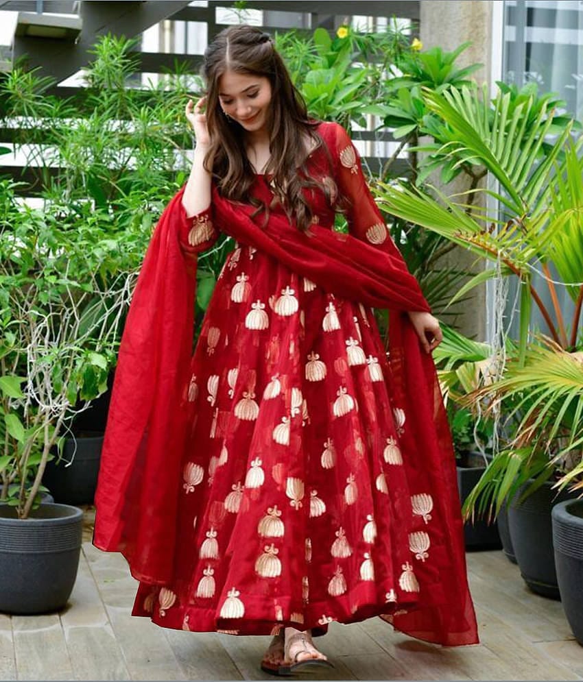 kedar fab Red Anarkali Georgette Women's Stitched Ethnic Gown ( Pack of 1 )