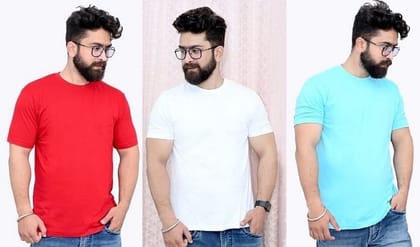 Tru Threads Solid Premium T-Shirt 3 Pcs Combo - White, Red, Cyan (Size-L)