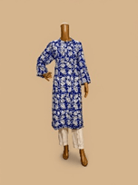 Block Print Long Kurta Blue, Size-M